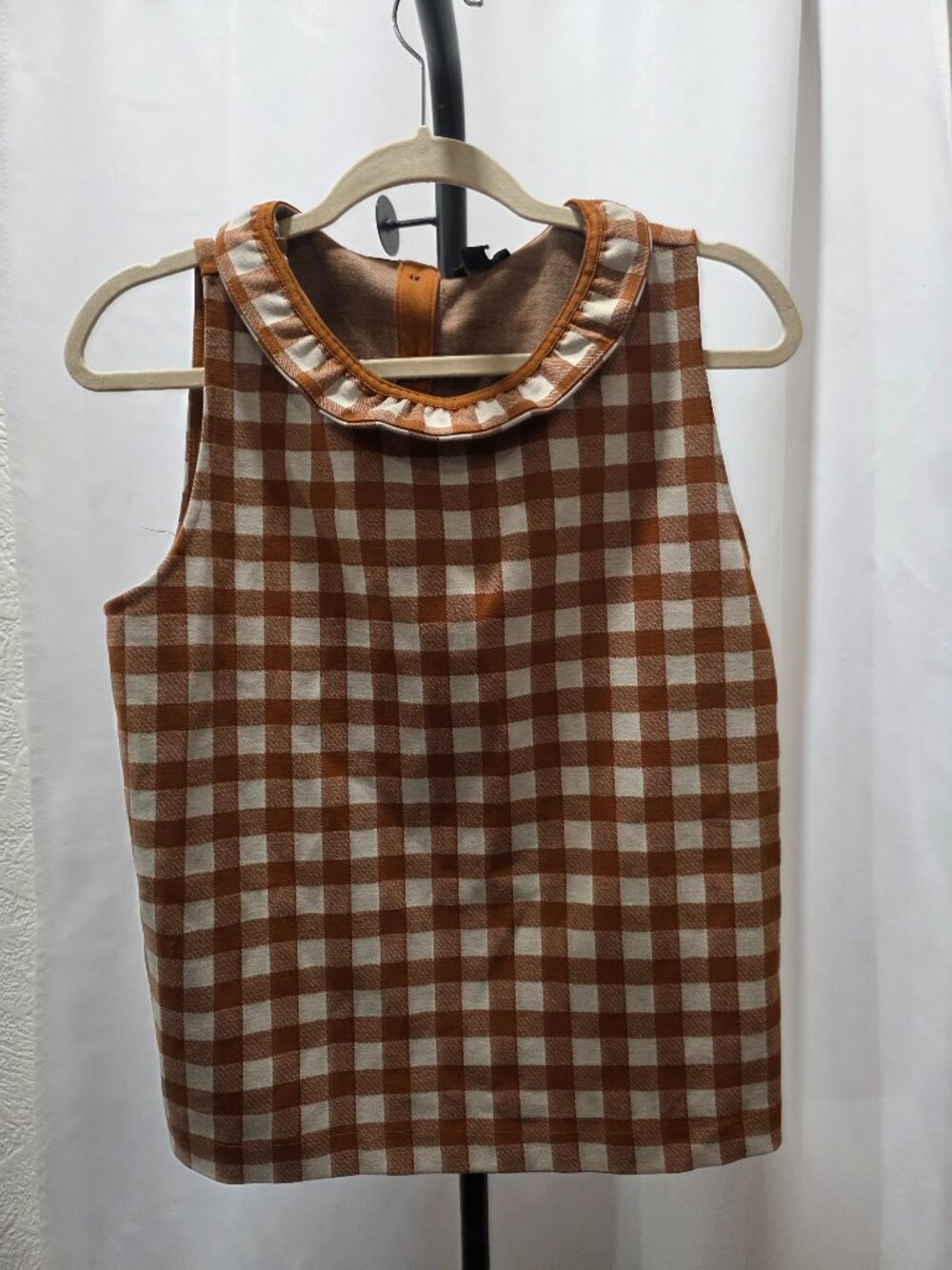 Ann Taylor Linen Blend Gingham Check Ruffle Tank Top  sleeveless blouse